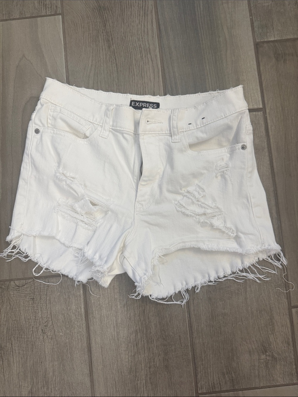 Express White Distressed Frayed Hem Denim Shorts
